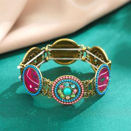 Vintage Round Style with Colorful Rhinestone Elastic Band Bracelet Hollow Acrylic Bangle for Women Men Jewelry257k