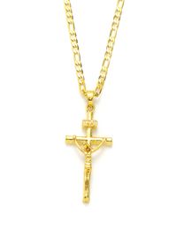 9k Yellow Solid Gold GF Italian inri Jesus Crucifix Pendant Figaro Link Chain Necklace 60cm 3mm Womens Mens1968063