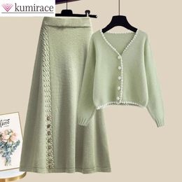 Autumn Women's Clothing Set Skirt Tea Style Dressing Early Winter Green Sweater Coat Skirt Two Piece Setwinter Clothes Women 231225