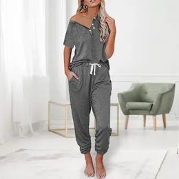 Women's Two Piece Pants 2 Pcs/Set Women Summer Tracksuit Short Sleeves Loose Elastic Drawstring Sports Pullover Pockets V Neck T-shirt