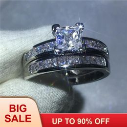 Handmade Luxury Female Jewellery Princess Cut 5a Zircon Stone White Gold Filled Engagement Wedding Band Ring Set For Women J1907159345690