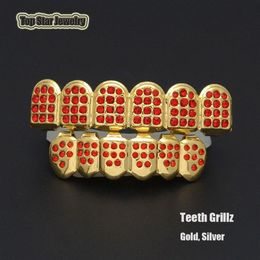 Hip Hop Party Cosplay Bio Copper Gold Teeth Grillz Caps Top & Bottom Shiny Bling Bling Red CZ Charm Grill Sets Tooth Socke283E