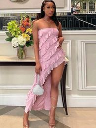 Casual Dresses Pink Asymmetrical Sexy Off Shoulder Ruffles Summer Women 2023 Bodycon Ladies High Split Club Party Prom Dress White