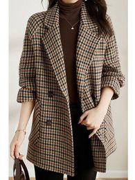 Vintage Houndstooth Women Woollen Blazer Double Breasted Plaid Female Suit Jacket Fashion Korean Outerwear Loose Blaser Coat 231225