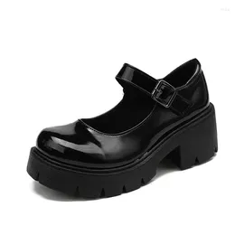Dress Shoes Autumn Women Round Toe Patent Leather Mary Jane Platform Pumps Black High Heels Ladies Buckle Strap Lolita WSH4678