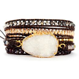 Bangle Womens Bracelets Unique Natural Stones Crystals Natural Druzy Charm 5 Layers Leather Wrap Bracelets Fashion Bracelet Dropship