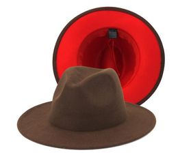 QBHAT Coffee Red Patchwork Men Felt Jazz Fedoras Women Church Hats Wide Brim Ladies Couple Panama Wool Fedora Hats with Belt4436468