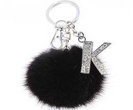 TEH y Black Pompom Faux Rabbit Fur Ball Keychains Crystal Letters Key Rings Key Holder Trendy Jewellery Bag Accessories Gift G10197352856
