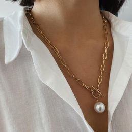 Pendant Necklaces SRCOI Metal Thick Chain White Pearl Balls Necklace Toggle Clasp Big Chunky Simple Punk Style Long Female13420874