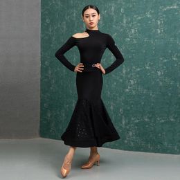 Stage Wear Ballroom Dance Skirt Women Performance Costume Modern Dancewear Long Sleeve Tango Dacing Tops Black Waltz Outfit DL8897