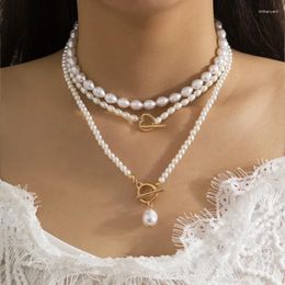 Pendant Necklaces Stacked Beaded Heart-shaped OT Buckle Necklace Temperament Multi-layer Rice-shaped Imitation Pearl Women