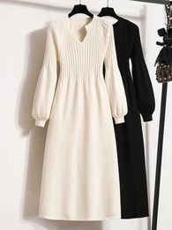 Fall Winter Knitwears Sweater Dresses Office Ladies Elegant Solid Lantern Sleeve High Waist A line Knitted 4XL Vestidos 231225