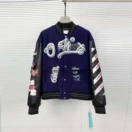 Off White Autumn Winter Brand Jacket New Coat Male and Female Lovers Ow Heavy Industry Embroidered Wool Spliced Leather Sleeve 95
