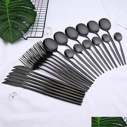 Flatware Sets 24Pcs Black Western Dinnerware Set Stainless Steel Cutlery Fork Knife Spoon Tableware Flatware Sierware For We Dhgarden Dhqps