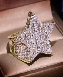 Big Bling Zircon Stone Gold Hip Hop Star Pentagram Ring for Women Man Fashion Jewellery 2020 New Wedding Engagement Ring18088627