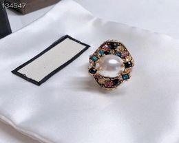 Vintage Copper With 18k Gold Plated Colorful Crystal Big White Pearl Flower Pendant Open Ring For Women Jewelry1825620