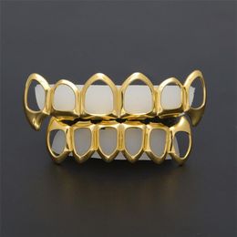 New Hip Hop Custom Fit Grill Six Hollow Open Face Gold Mouth Grillz Caps Top & Bottom With Silicone Vampire teeth Set171J