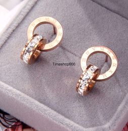 Crystal Diamond Stud Earrings Rose Gold Fashion Titanium Steel Double Wound Roman Numerals Studs for Women Gift Jewellery oorbellen earrings designer for CV-6