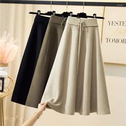 Skirts Women High Waist Knitted Autumn Winter Korean Solid Colour Mid-Length A-Line Ladies Pleated Skirt