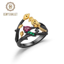 Cluster Rings GEM'S BALLET 925 Sterling Silver Handmade Adjustable Statement Ring Natural Rhodolite Garnet Flower Buds Bird F273K