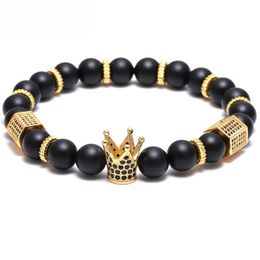 bracelet Pave Black CZ Zirconia Gold King Crown Charm Bracelet Men Stone Bead Bracelet valentine mens jewelry handmade3159