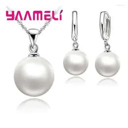 Necklace Earrings Set Smooth Women Wedding 925 Sterling Silver Pearl Hoop Fashion Jewellery Accessories