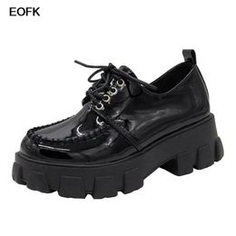 Heels EOFK New Autumn Women Shoes Solid Black PU Oxford Shoes Woman Lace Up High Heels Thick Bottom Platform Loafers Casual Shoes