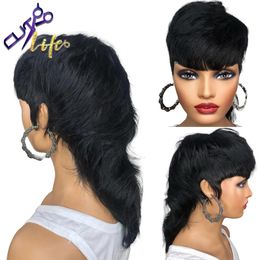 Wigs Lace Wigs Short Pixie Cut Full Machine Made Wig With Bangs Dovetail Straight Brazilian Remy Human Hair For Women Model Length 2303