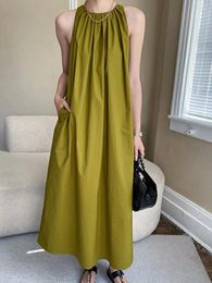 Casual Dresses Women Pleated A-line Sling Dress 2023 Summer Tide Sleeveless Loose Causal Long Fashion Green Vestidos Y187