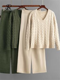 SINGREINY Autumn Loose Two Pieces Sets Women Twist Striped SweaterWide Legs Thick Long Pant Home Wear Casual Knitted Suits 2023 231225