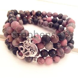 MG0663 Black Vein Rhodonite 108 Mala Bracelet 8 mm Gemstone Ohm Lotus Charm Bracelet New Design Women's Yoga Mala Bracelet285g