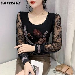 Women's T Shirts 2023 Autumn Winter Fashion Casual O-Neck Lace Long Sleeved Top Female Flower Diamonds Tees Clothes M-3XL