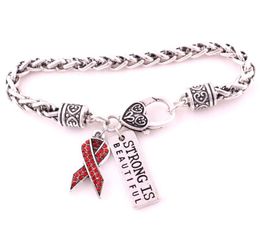MultiColor Studded With Sparkling Crystal BREAST CANCER RIBBON And STRONG IS BEAUTIFUL Charm Pendent Bracelet Lobsterclawclasps3456782