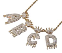 Who AZ Custom Name Crown Drip Letter Pendant Necklace With Rope Chain Gold Silver Color Cubic Zircon Jewelry8745160