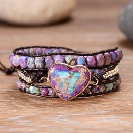 Bracelets Romantic Spiritual Chakra Leather Wrap Bracelets W/ Mix Stone Heart Shape 3 Strands Bracelet Classic Jewellery Bijoux Dropshipping