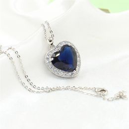 Heart choucong Unique Brand New Luxury Jewelry 925 Sterling Silver Big Blue Sapphire CZ Diamond Party Chain Pendant Necklace For W299S