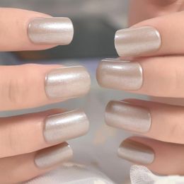 False Nails Light Grey Glitter Medium Short Squoval Glossy Press On Shimmer Gift Stickers Acrylic Daily Square