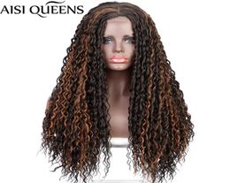 Synthetic Wigs AISI QUEENS Long Curly Wig For Women Black Mixed Brown Middle Part Hairline High Temperature Fiber9787126