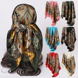Ethnic Clothing Retro Print Turban Arab Bandana Women 90 90CM Square Scarf Muslim Headband Islamic Shawl Satin Scarves