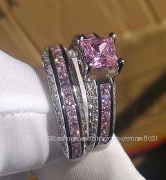 WholeWhole Fashion Jewellery 10kt White Gold Filled Princess Cut Pink Sapphire Gemstones Women Wedding Bridal couple Ring S1243939