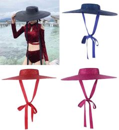 GEMVIE Black Wide Brim Flat Top Straw Summer S For Women Ribbon Beach Cap Boater Fashionable Sun Hat With Chin Strap9483356