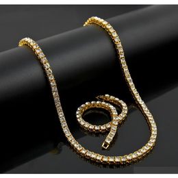 Mens Lady Gold Silver Black Simulated Necklace Diamond Hiphop 1 Row Bling Bling Tennis Chain Bracelet Set Faiqv288U