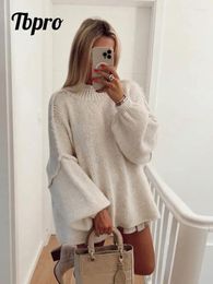 Women's Sweaters Women Solid Patchwork Lantern Long Sleeve Sweater Fashion Stand Collar Loose Knitted Pullover 2023 Autumn Lady Streetwear