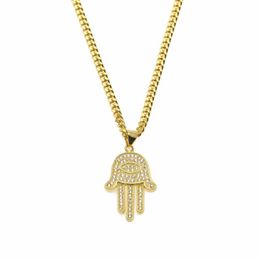 Pendant Necklaces Gold Silver Fatima Hamsa Hand Bling CZ Iced Out Charm Cuban Chain For Women Mens Hip Hop Jewelry2312
