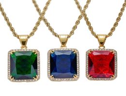 Men Women Hip Hop Gemstone Pendant Necklace Popular Red Blue Green Gem Jewelry High Quality Stainless Steel IP Gold Plated Accesso5258506