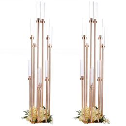 Candle Holders 10PCS Flowers Vases Road Lead Table Centrepiece Gold Metal Stand Pillar Candlestick For Wedding Candelabra243P