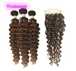 Brazilian Human Hair P427 Deep Wave 3 Bundles With 4x4 Lace Closure Baby Hair Piano Color3146075