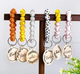 6 Styles Beaded Bracelet Keychain Pendant Party Favor Sports Ball Soccer Baseball Basketball Wooden 1226