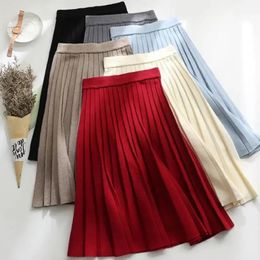 Core Spun Yarn Knitting Pleated Midi Skirts Korean Solid Colour Autumn Winter Sukienka Elastic Band High Waist Simple Work Saia 231226