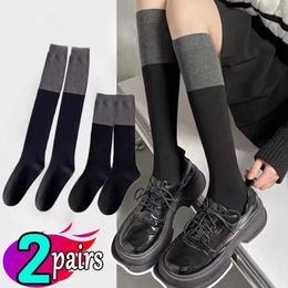Women Socks 2pairs Long Stockings Spring Trends Casual Preppy Style Knee High Female Fashion Cotton Solid Colour Comfy